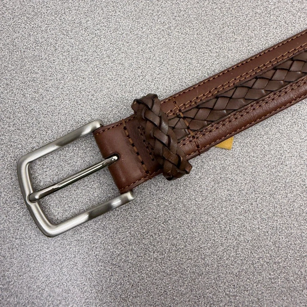 Tommy Bahama Belt Mens 34 Brown Woven Inlay Leather Casual Dress Silver Buckle